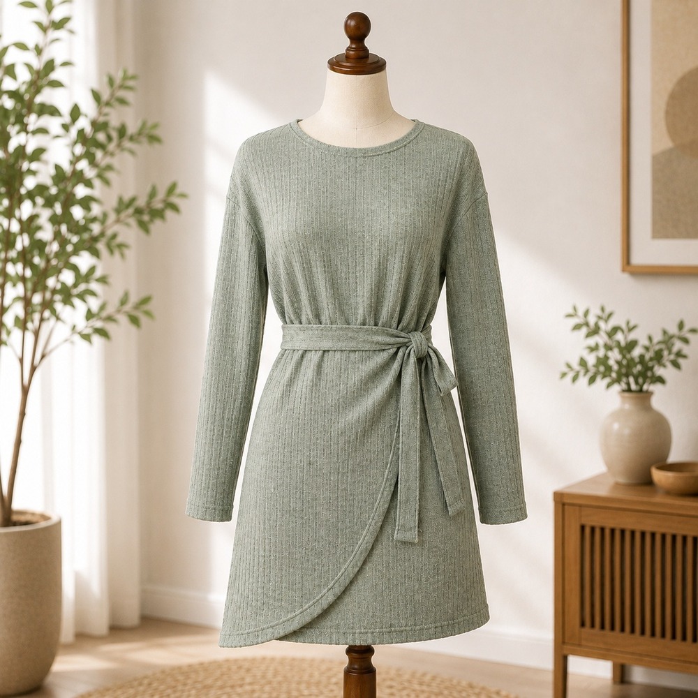 Cupshe NWOT Ribbed‎ Knit Wrap Dress Large Green Long Sleeve Asymmetrical Hem
